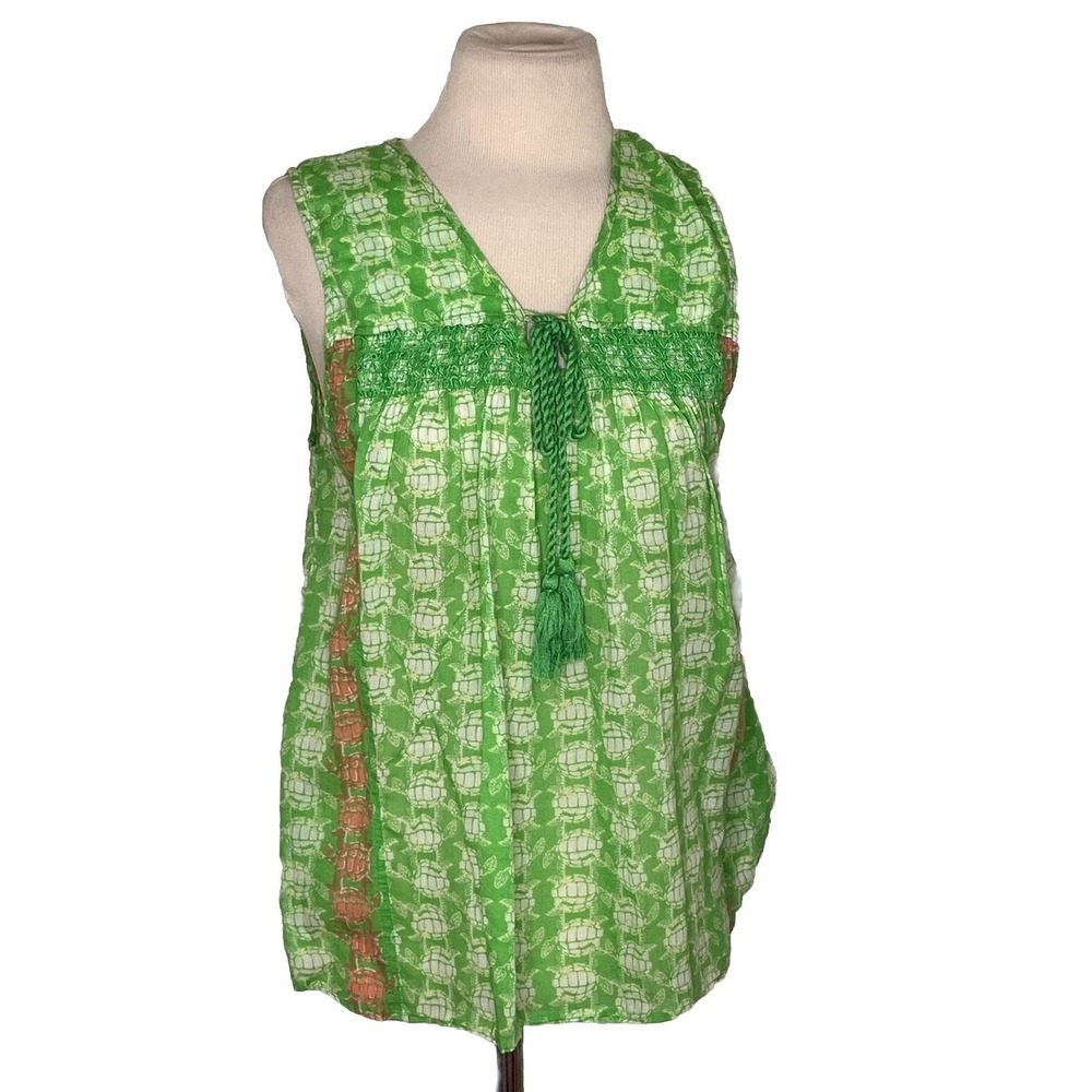 Crown & Ivy Shirt Green Turtles Sz L Sleeveless cottagecore coastal‎ casual